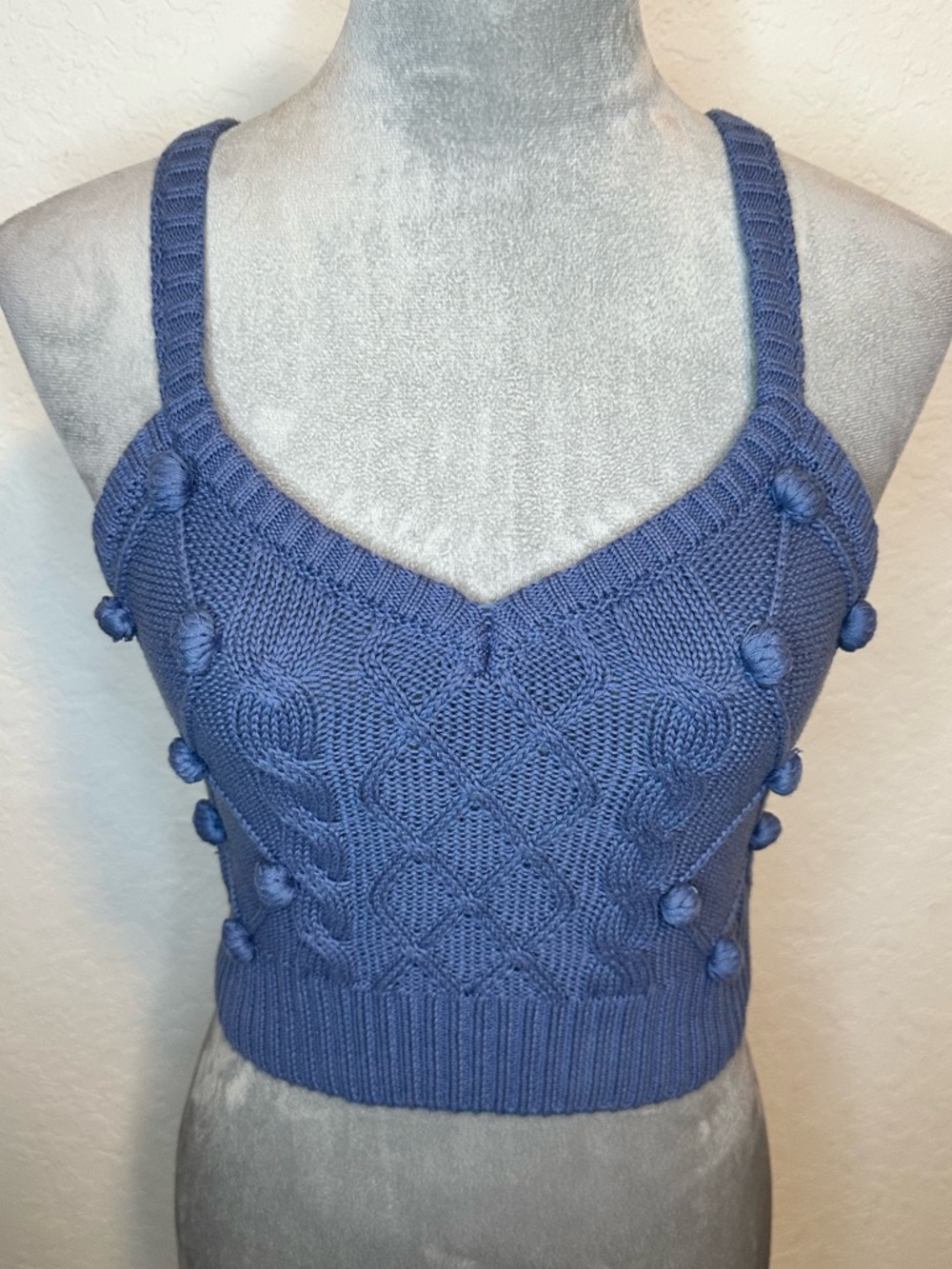 Forever 21 NWT Blue Knit Crop Tank Top Cable Knit Pom Detail Size S